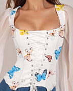 Sheer Mesh Butterfly Print Eyelet Long Sleeve Corset Top