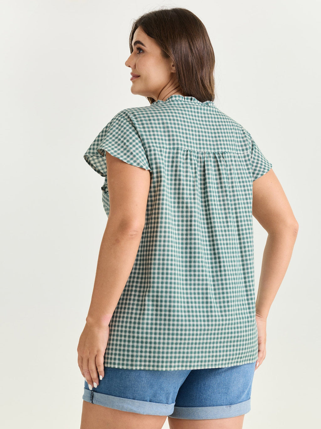Cotton Check Print Ruffled Sleeve Blouse
