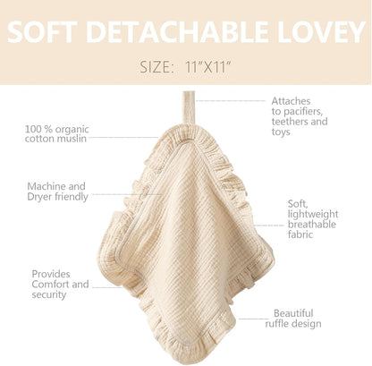 Loveys for Babies, 2 Pack Organic Cotton Muslin with Attachable Snap Closure -Newborn Baby Lovey Security Blankets for Babies Baby Blanket (Purple)