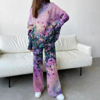 Women's Elegant Purple Gradient Floral Print Suit