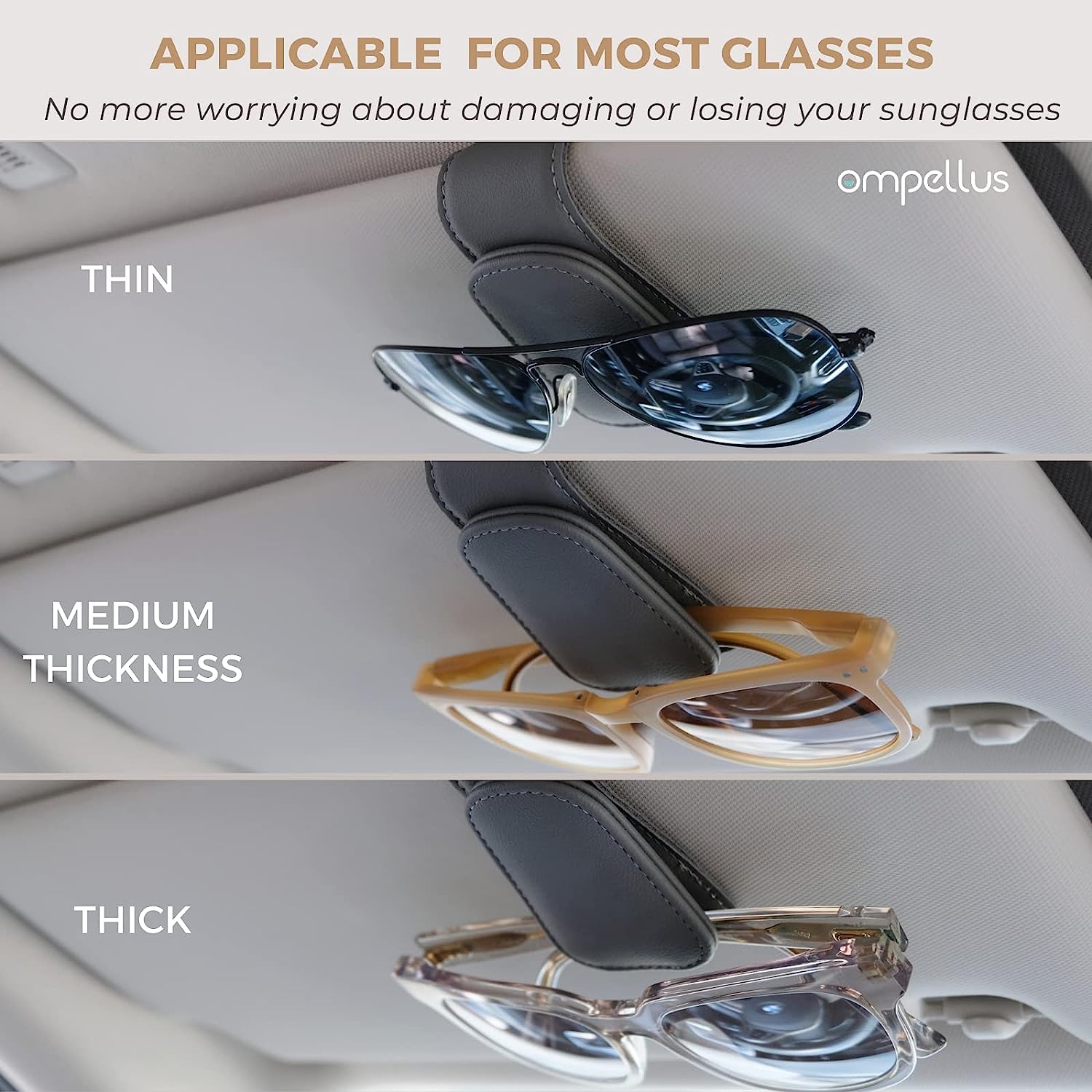Ompellus Magnetic Leather Sunglass Holder, Eyeglass Hanger Clip for Car Sun Visor, Suitable for Different Size Eyeglasses(Black)