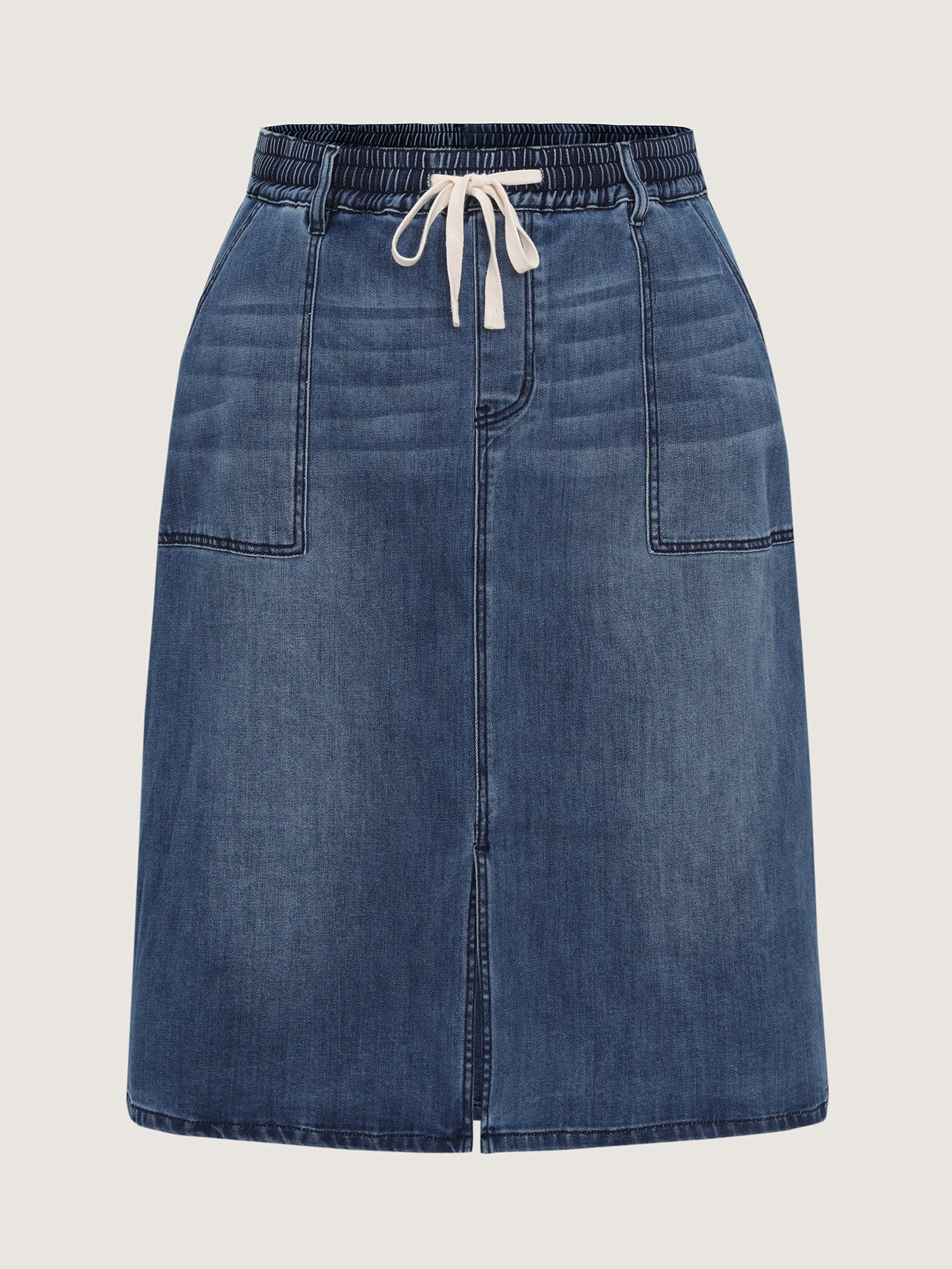 Stretchy Contrast Drawstring Waist Midi Denim Skirt