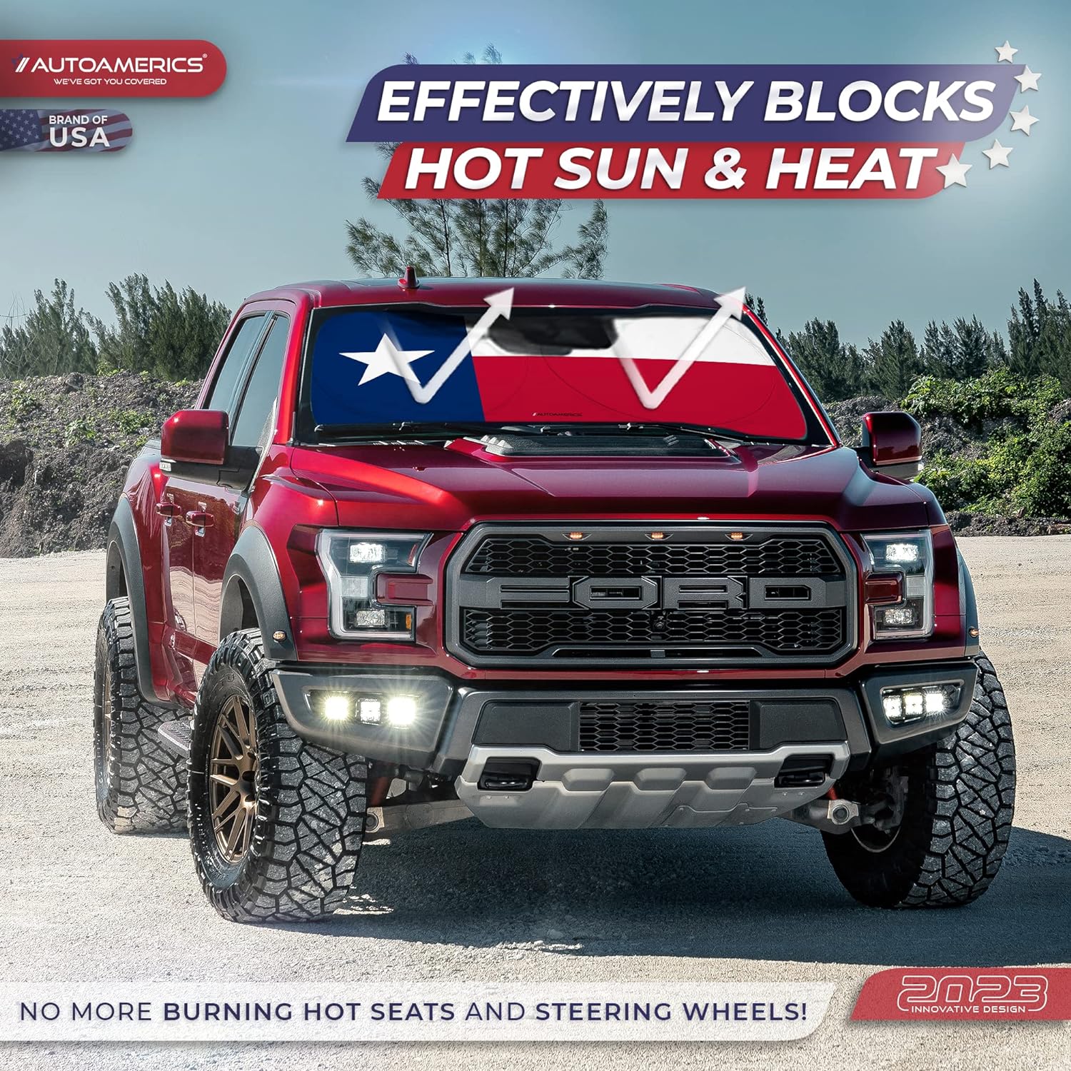 Autoamerics 1-Piece Windshield Sun Shade American Texas Flag USA Patriotic  - Foldable Car Front Window Sunshade for Sedans SUV Truck - Blocks Max UV Rays and Keeps Your Vehicle Cool - Small