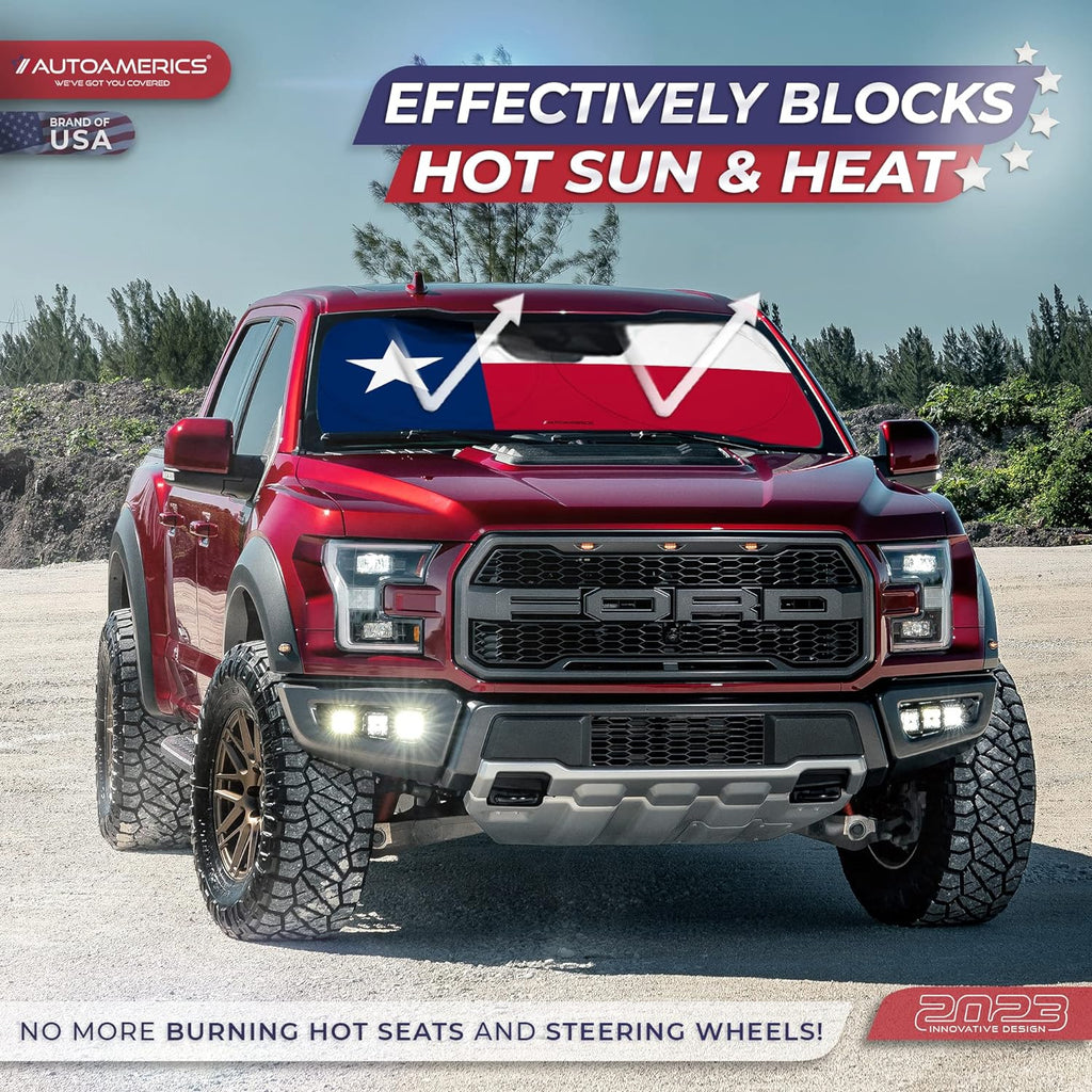 Autoamerics 1-Piece Windshield Sun Shade American Texas Flag USA Patriotic  - Foldable Car Front Window Sunshade for Sedans SUV Truck - Blocks Max UV Rays and Keeps Your Vehicle Cool - X-Large