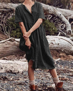 boho cotton linen dress women women's solid short sleeve button dress