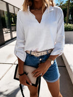 Ladies cotton and linen casual style V-neck blouse