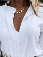 Ladies cotton and linen casual style V-neck blouse