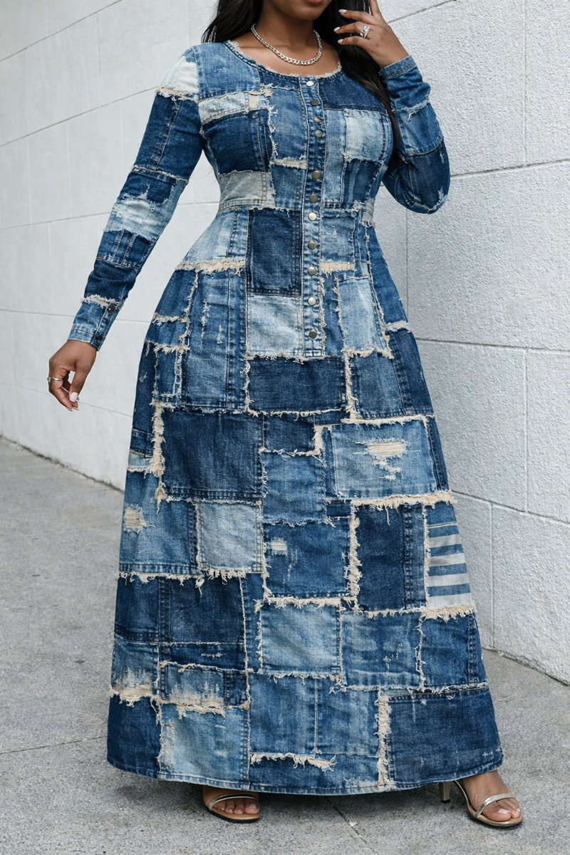 Patch Crewneck Long Sleeves Casual Dress