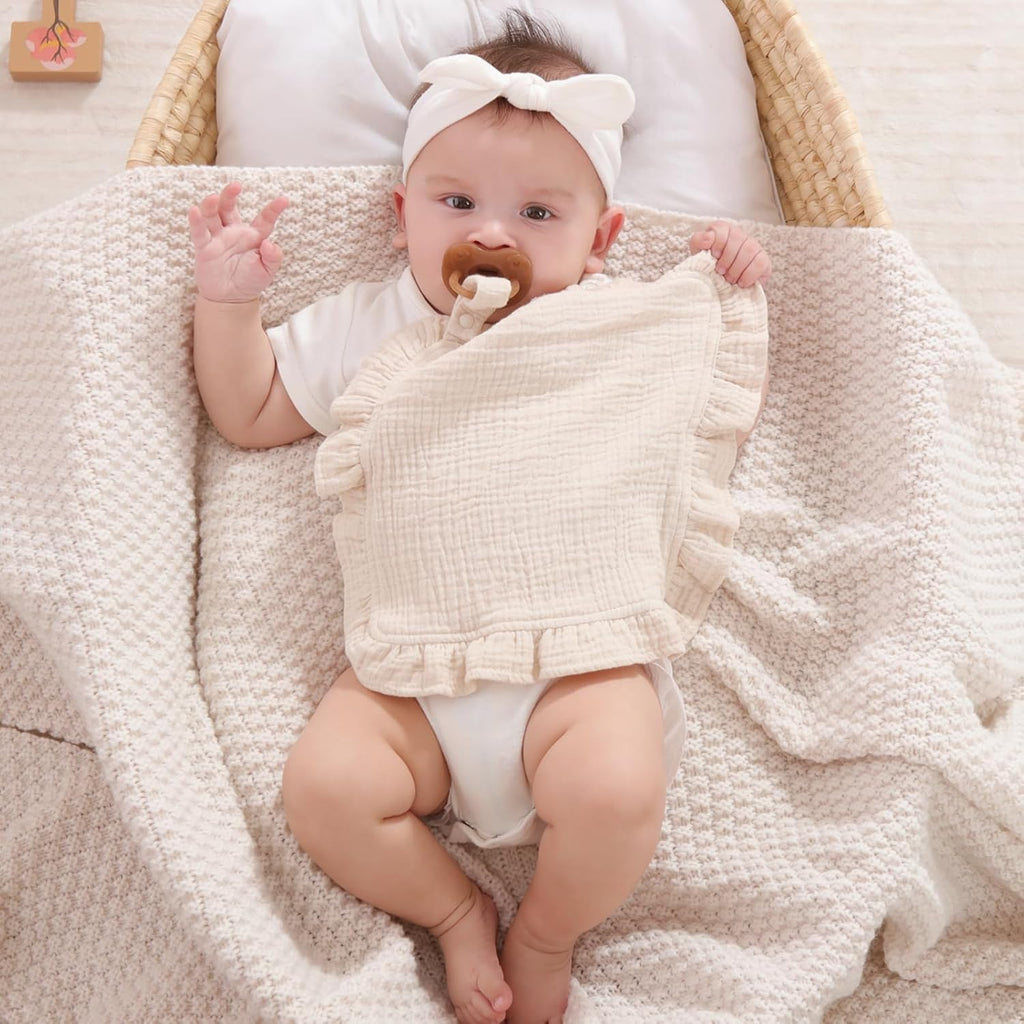 Loveys for Babies, 2 Pack Organic Cotton Muslin with Attachable Snap Closure -Newborn Baby Lovey Security Blankets for Babies Baby Blanket (Purple)