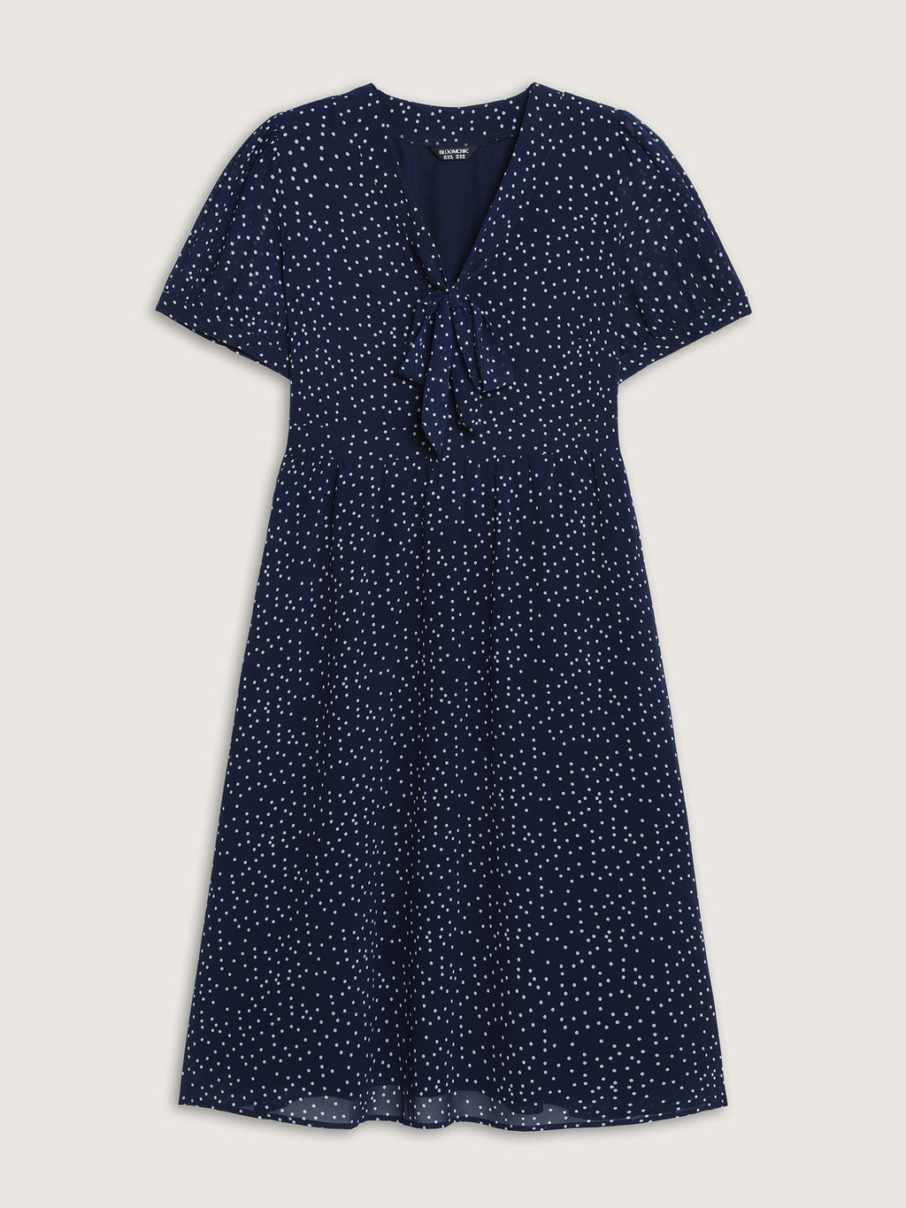 Pretty Polka Dots Ribbon Neckline Midi Dress