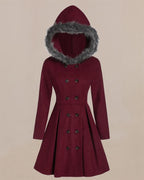 hooded fur double-breasted midi coat