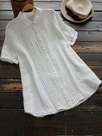 Cotton And Linen Solid Color Pleated Short Sleeve Shirt Blouse