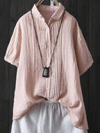 Cotton And Linen Solid Color Pleated Short Sleeve Shirt Blouse