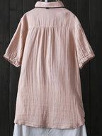 Cotton And Linen Solid Color Pleated Short Sleeve Shirt Blouse