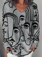 Long sleeve abstract loose print T-shirt