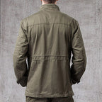 stand collar pockets cotton waist drawstring military solid color jacket for men