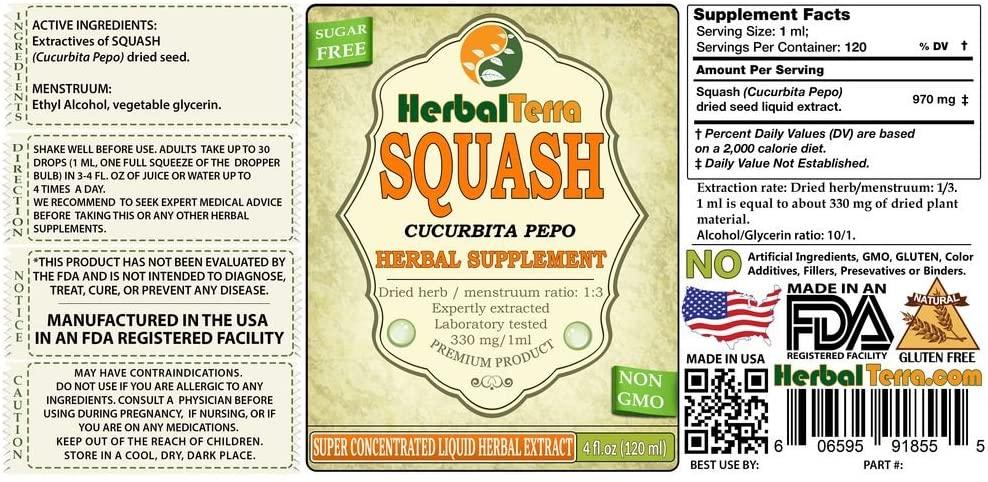 Squash (Cucurbita) Tincture, Organic Seeds Liquid Extract (Brand Name: HerbalTerra, Proudly Made in USA) 30x2 fl.oz (30x60 ml)