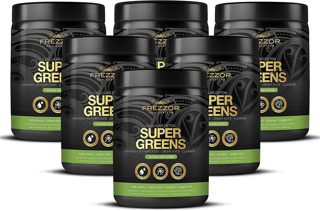 FREZZOR Super Greens Powder with UAF1000+, All-Natural New Zealand Green Fruit & Veggie Supplement, Energy, Vital Raw Veggies, ORAC Antioxidants, Enzymes, Detox & Cleanse, 1.8kg, 180 Serves, 6 Jars