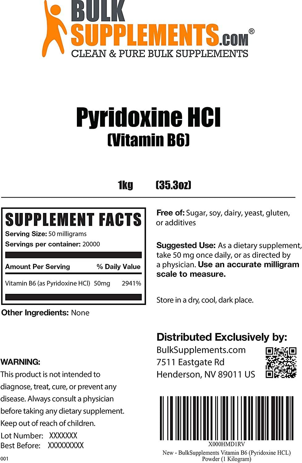 BulkSupplements.com Vitamin B6 (Pyridoxine HCl) Powder - Dog Vitamins - Memory Vitamins for Men - Nerve Support Vitamin (5 Kilograms - 11 lbs)