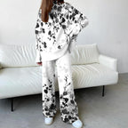 Women's Fashion Black And White Contrast Floral Print Suit