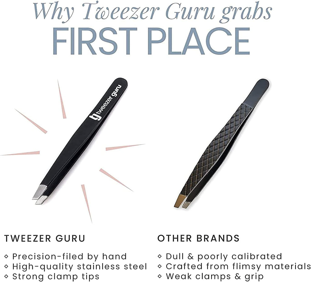 Tweezer Guru Tweezers for Women - 2pc Slant Pointed Precision Tweezers for Eyebrows &amp; Ingrown Hair Removal - Blackhead and Splinter Tweezer with Sharp Needle Nose Point for Plucking (Black)