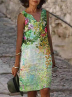 V-neck Loose Casual Print Sleeveless Short Dress