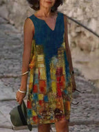V-neck Loose Casual Print Sleeveless Short Dress
