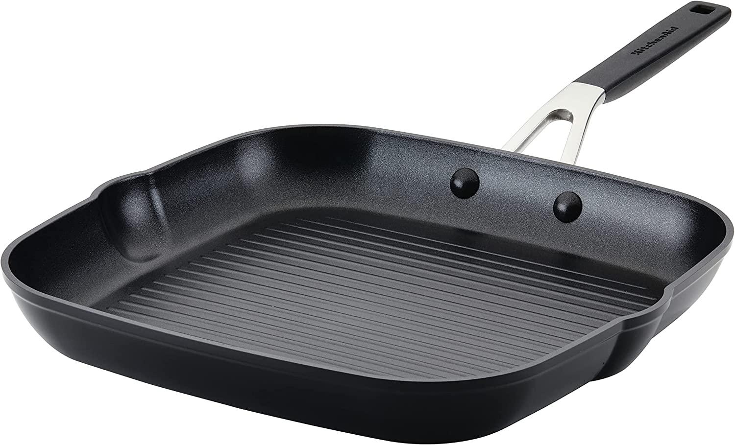KitchenAid Hard Anodized Nonstick Square Grill Pan/Griddle with Pour Spouts, 11.25 Inch, Onyx Black