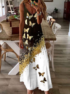 Fashion Butterfly Print Colorblock Slip Maxi Dress Womens