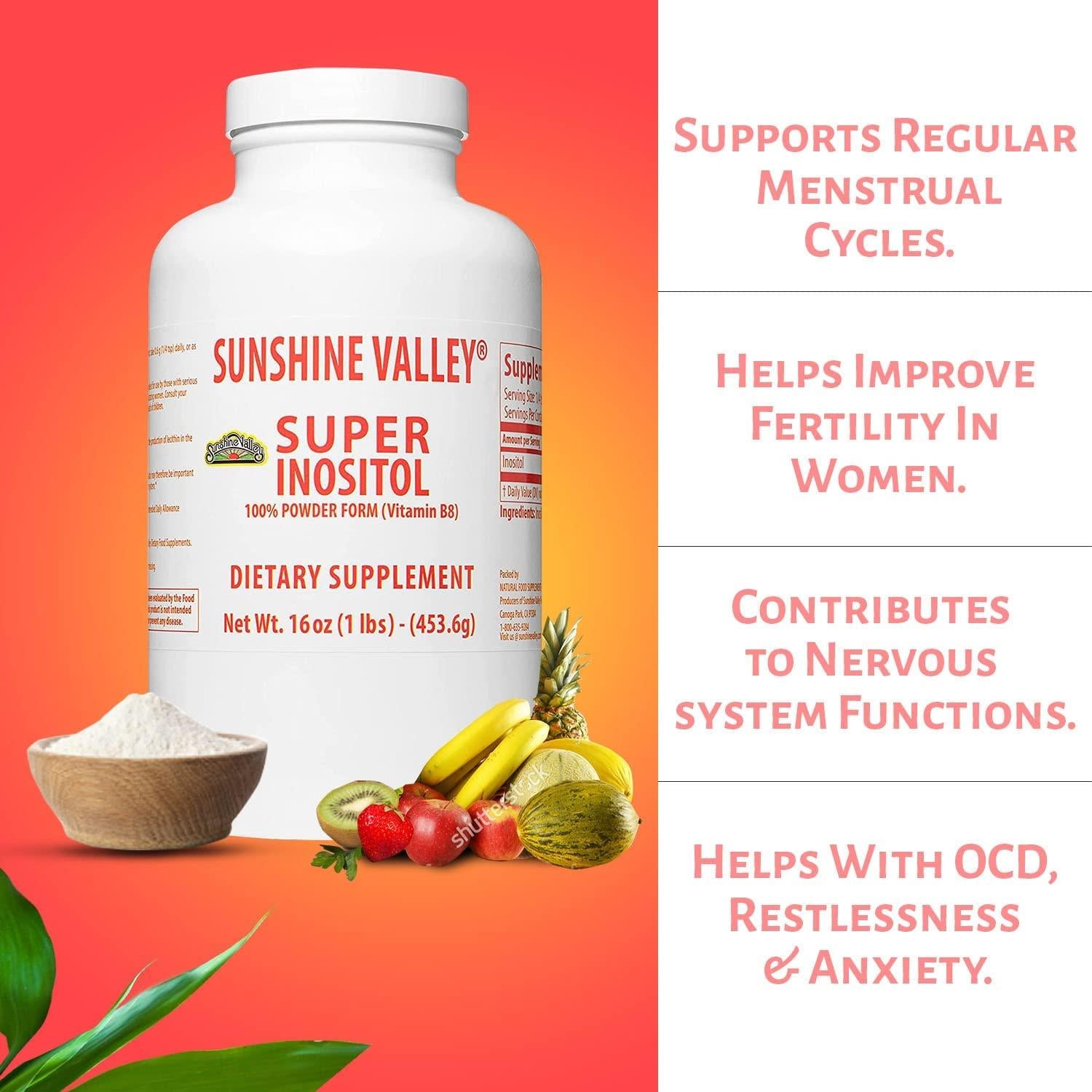 Sunshine Valley Super Inositol Vitamin B8 Powder for Women—Inositol Powder for Anxiety & Mood Support—100% Vegan, Non GMO, Gluten-Free Powdered Dietary Supplement