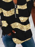 Round Neck Zipper Casual Loose Striped Printed Sweatshirt