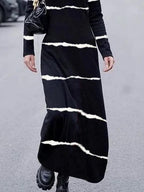 High-neck Striped Casual Long-sleeved Maxi Dress