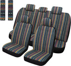 Pariitadin Baja Saddle Blanket Car Seat Covers Full Set with Seat Belt Pads, Washable Breathable Striped Woven Cloth Seat Covers for Cars Interior, Universal Fit Most Cars, Airbag Compatible, Red/Blue
