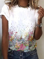 Casual Round Neck Flower Print Short-sleeved Loose T-shirt