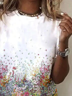 Casual Round Neck Flower Print Short-sleeved Loose T-shirt