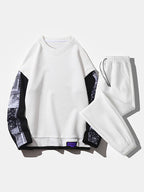 mens texture paisley print stitching sweatshirt casual pullover two pieces outfits