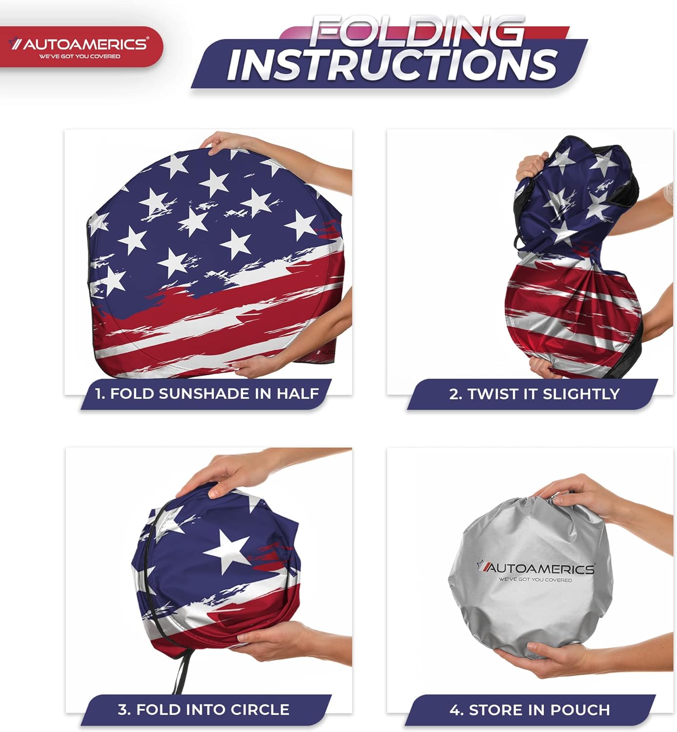 Autoamerics 1-Piece Windshield Sun Shade USA Art Flag - 2 American  - Foldable Car Front Window Sunshade for Most Sedans SUV Truck - Blocks Max UV Rays and Keeps Your Vehicle Cool - Small