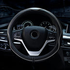 Valleycomfy Steering Wheel Covers Universal 15 inch - Genuine Leather, Breathable, Anti Slip &amp; Odor (White Line, M(14" 1/2-15" 1/4))