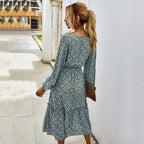 elegant long sleeve flower square collar dress