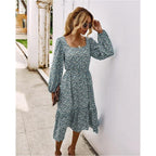 elegant long sleeve flower square collar dress