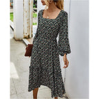 elegant long sleeve flower square collar dress
