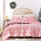 JANZAA Christmas Bedding Duvet Cover Queen Pink Duvet Cover Queen with White Snowflake Stereoscopic 3 Pieces with Zipper Closure 4 Ties Velvet and Soft