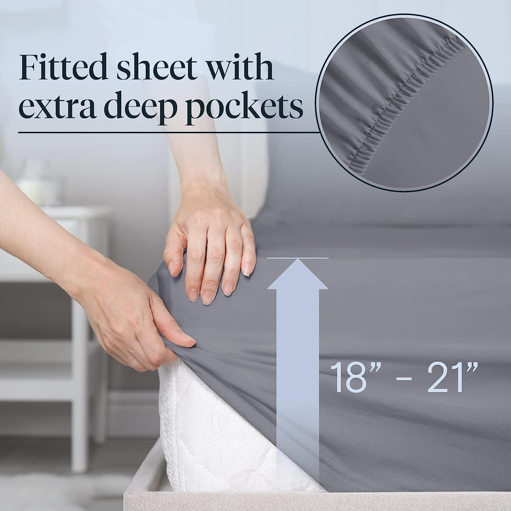 LuxClub 4 PC Extra Deep Pocket Sheets &amp; Pillowcases Set - Hotel Bedding Silky Soft Eco Friendly Wrinkle Free Ultra Soft Cooling Bed Sheet Set deep Pocket up to 21" (TwinXL, Light Grey)