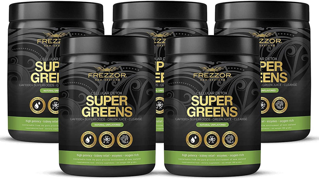 FREZZOR Super Greens Powder with UAF1000+, All-Natural New Zealand Green Fruit & Veggie Supplement, Energy, Vital Raw Veggies, ORAC Antioxidants, Enzymes, Detox & Cleanse, 1.5kg, 150 Serves, 5 Jars