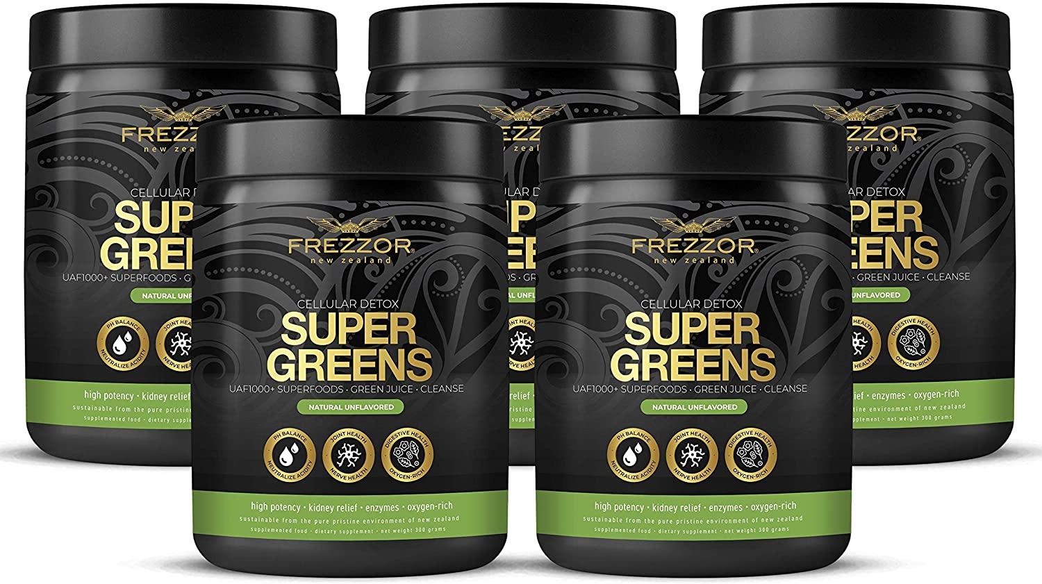 FREZZOR Super Greens Powder with UAF1000+, All-Natural New Zealand Green Fruit & Veggie Supplement, Energy, Vital Raw Veggies, ORAC Antioxidants, Enzymes, Detox & Cleanse, 1.5kg, 150 Serves, 5 Jars