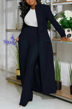 Turndown Collar Solid Color Long Blazer High Waist Pants 2pcs Set-Green