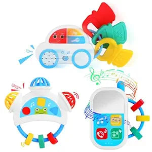 Baby Sensory Toys - 3PCS Baby Rattle Teething Toys Kits with Music, Infant Newborn Montessori Toys for Boys Girls 0-18 Months, Toddler Travel Toys Christmas