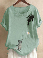 Plus Size  Cartoon Cat Print Round Neck Short Sleeve Blouse