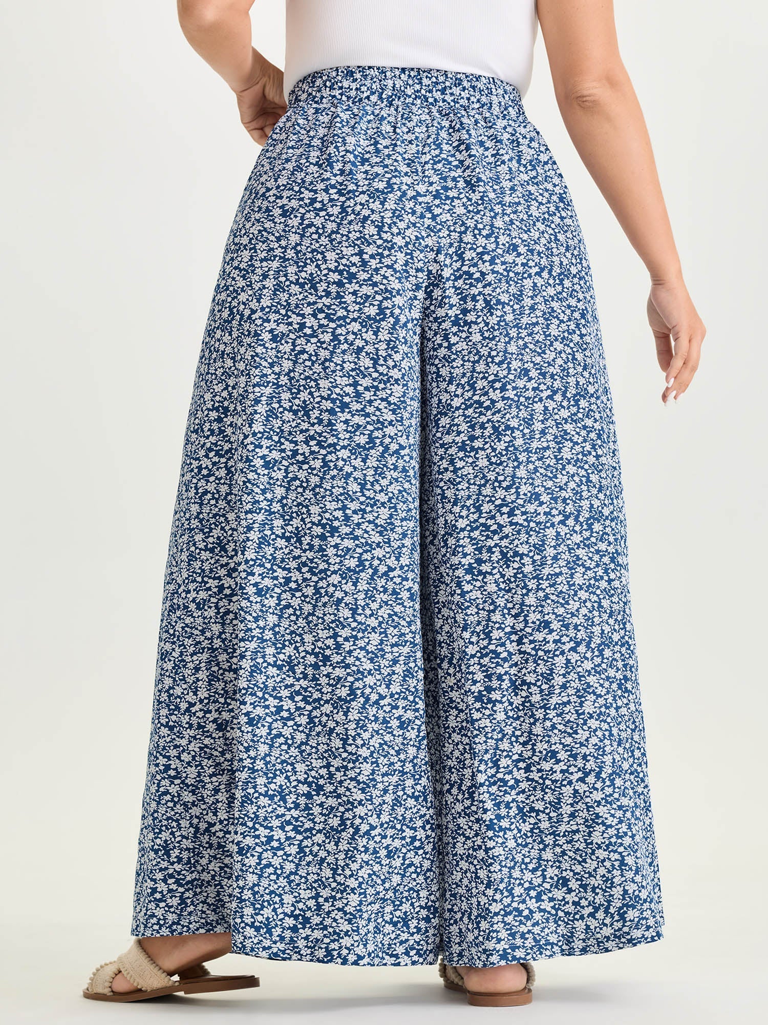 Micro Floral Print Wide-Leg Pants
