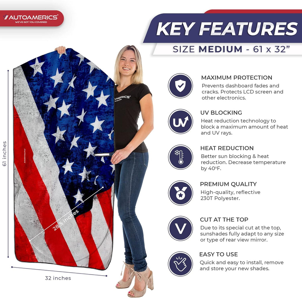 Autoamerics 1-Piece Windshield Sun Shade Grunge American Flag - 4 USA  - Foldable Car Front Window Sunshade for Most Sedans SUV Truck - Blocks Max UV Rays and Keeps Your Vehicle Cool - Medium
